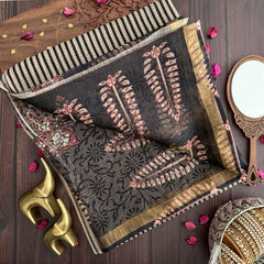 Vriksham Black And  White  Stripes Golden Border Kotta Cotton Saree-VS4461