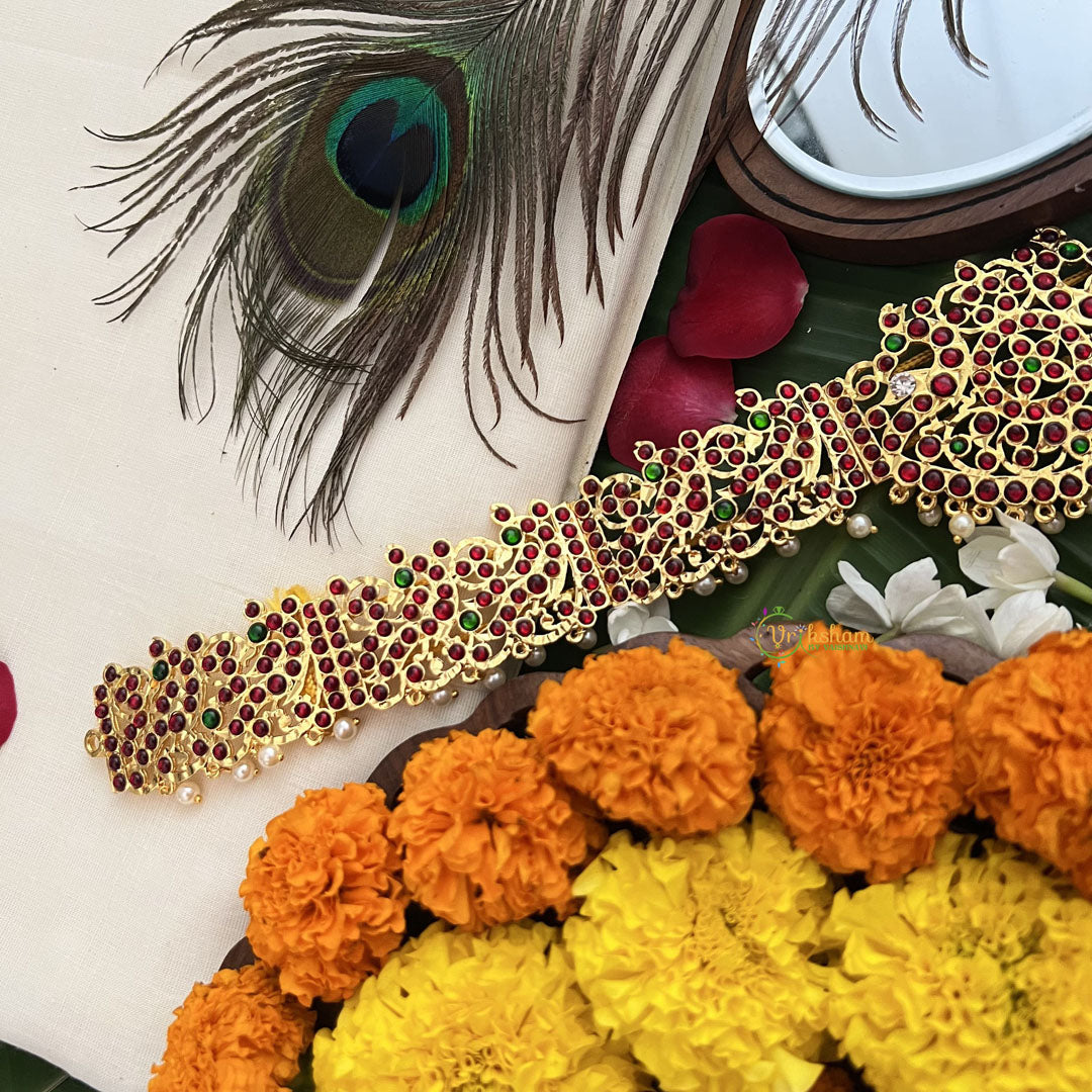 Vriksham Traditional Kemp Dual Peacock style centerpiece Hipbelt-Red Green-Pearl-G19685