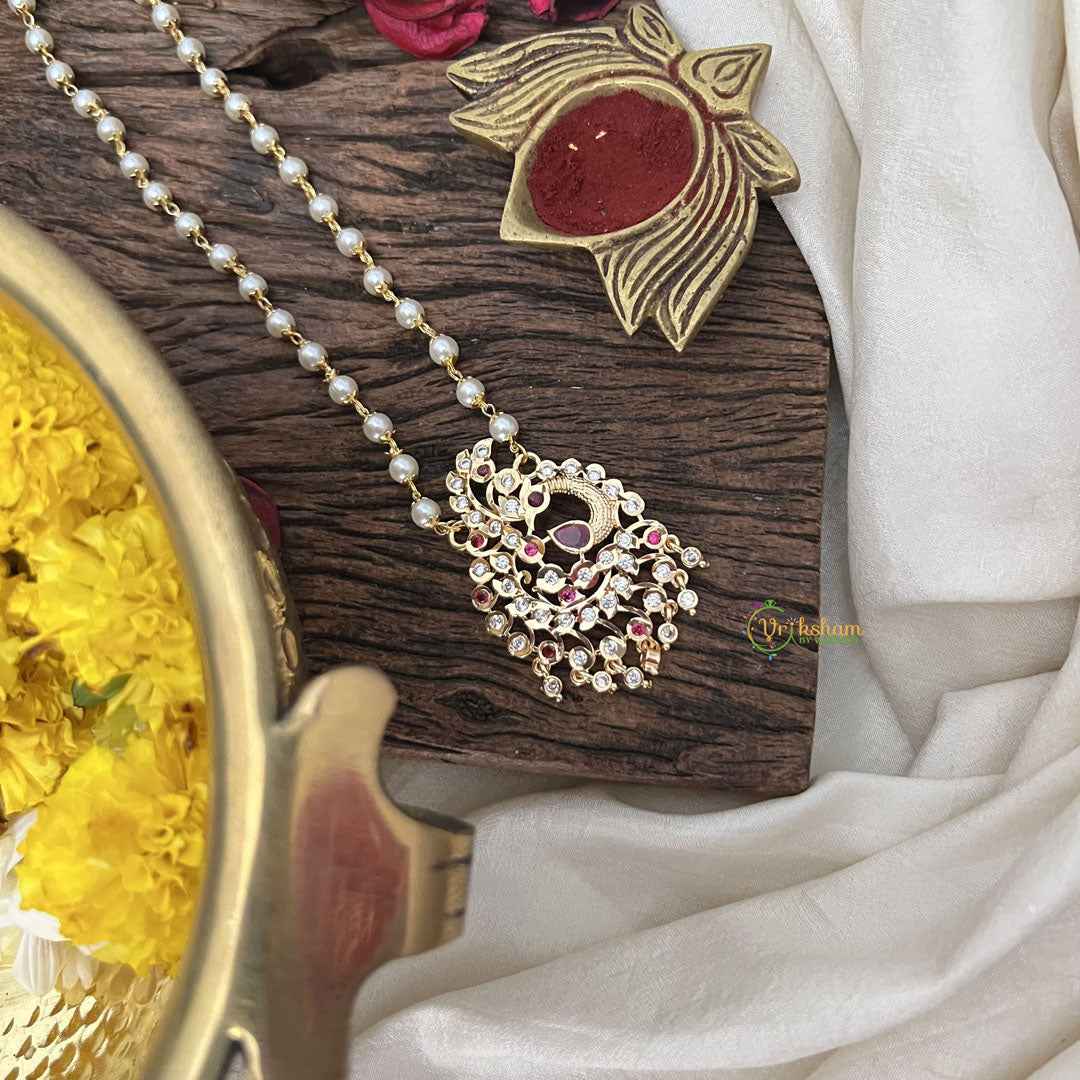 Vriksham AD Stone Peacock Pendant Pearl Layer-Red Green-G18843
