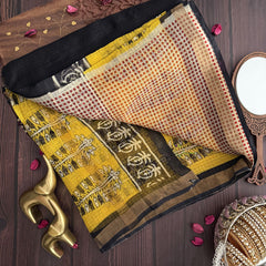 Vriksham Black And Yellow Golden Border Kota Cotton Saree-VS4463