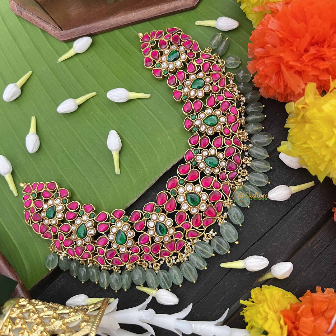 Vriksham Elegant Floral Kundan Jadau Short Neckpiece-Aqua Green Bead-J3987