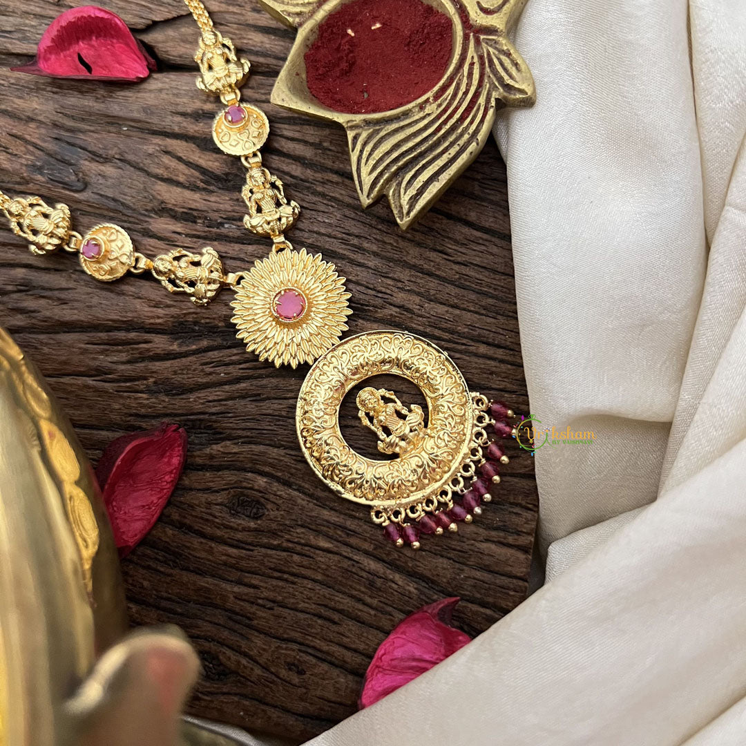 Vriksham Lakshmi Round Pendant Short Neckpiece-Red Beads-G18849