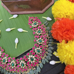 Vriksham Elegant Floral Kundan Jadau Short Neckpiece-Aqua Green Bead-J3987