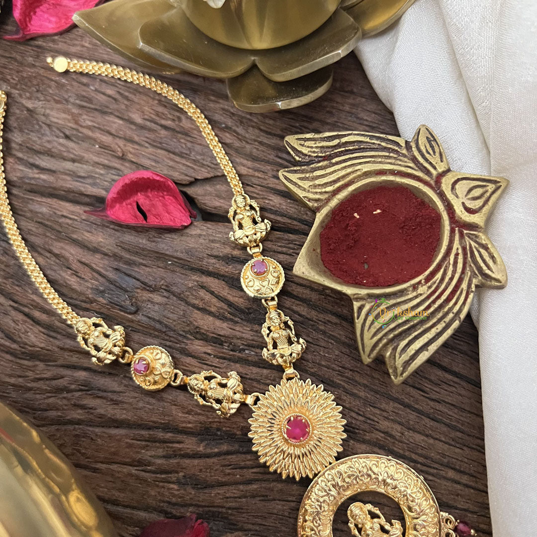 Vriksham Lakshmi Round Pendant Short Neckpiece-Red Beads-G18849