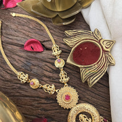 Vriksham Lakshmi Round Pendant Short Neckpiece-Red Beads-G18849