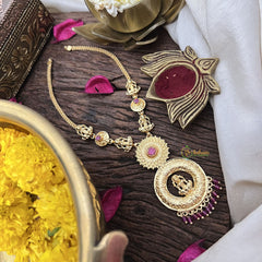 Vriksham Lakshmi Round Pendant Short Neckpiece-Red Beads-G18849