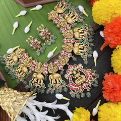 Vriksham Ganesh & Lakshmi With Elephant Style Kundan Jadau Short Neckpiece-Aqua Green Bead-J3988