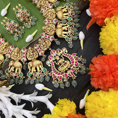 Vriksham Ganesh & Lakshmi With Elephant Style Kundan Jadau Short Neckpiece-Aqua Green Bead-J3988