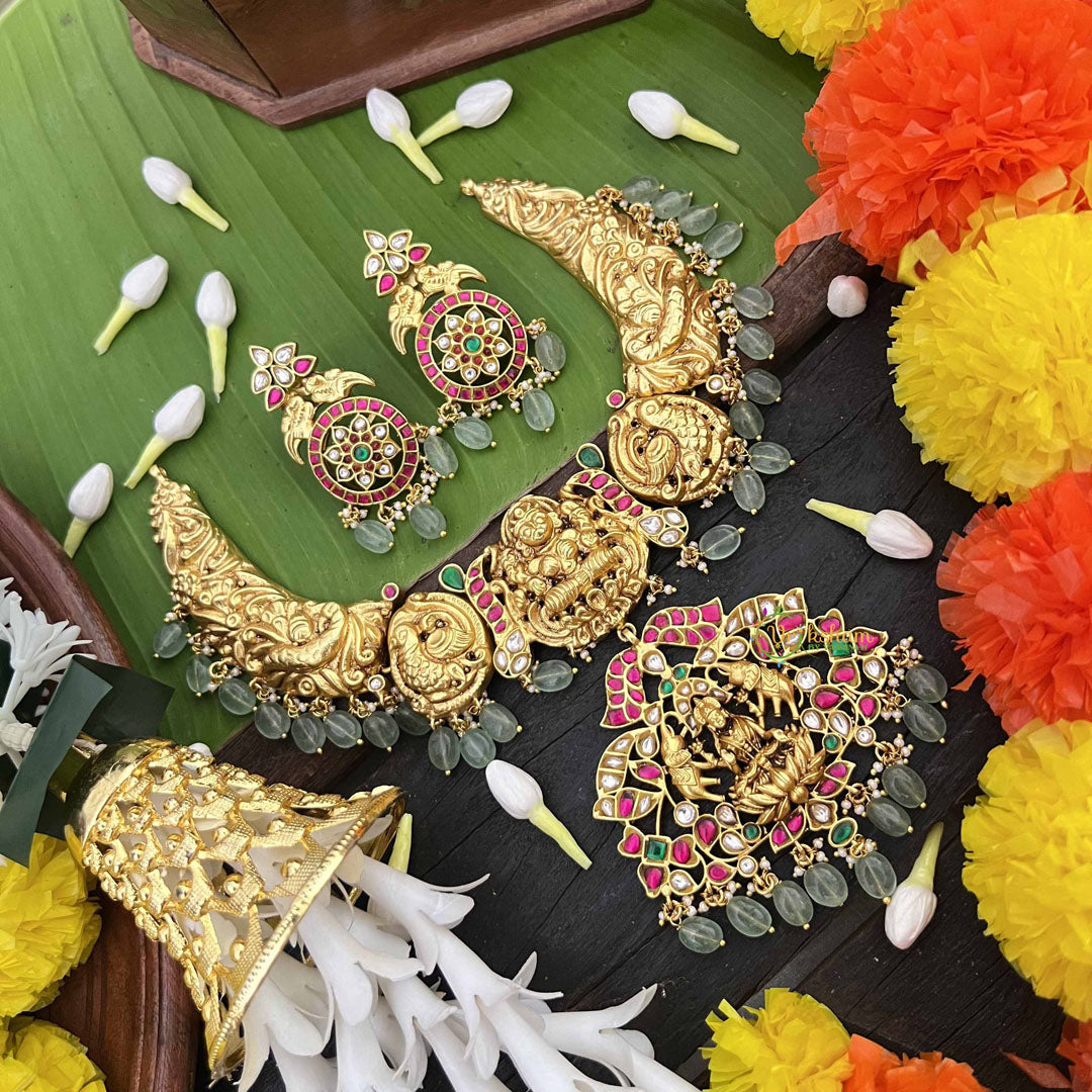 Vriksham Gaj Lakshmi Style Kundan Jadau Short Neckpiece-Aqua Green Bead-J3989