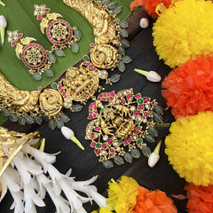 Vriksham Gaj Lakshmi Style Kundan Jadau Short Neckpiece-Aqua Green Bead-J3989