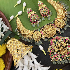 Vriksham Gaj Lakshmi Style Kundan Jadau Short Neckpiece-Aqua Green Bead-J3989