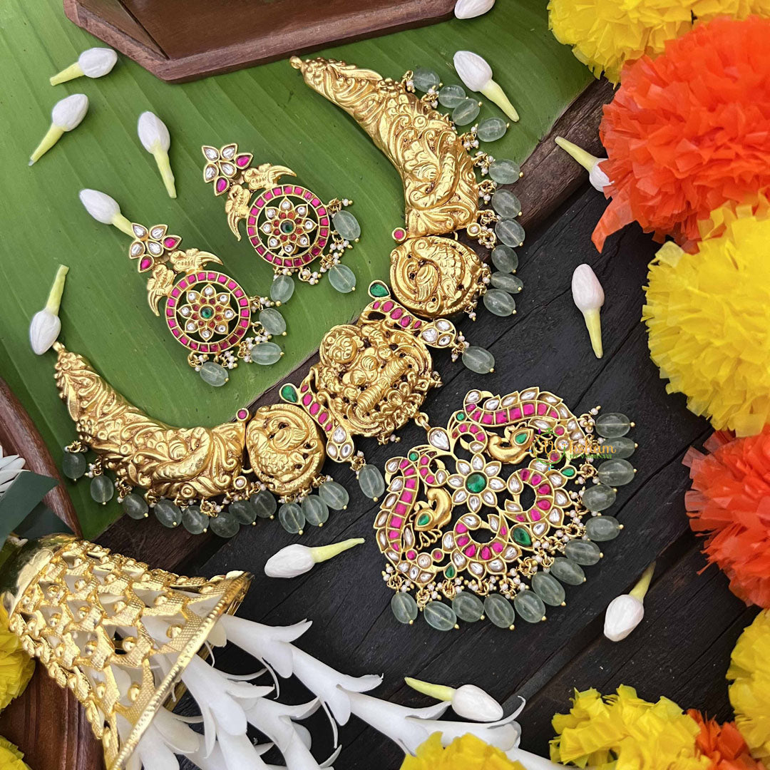 Vriksham Dual Peacock & Lakshmi Style Kundan Jadau Short Neckpiece-Aqua Green Bead-J3990