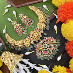 Vriksham Dual Peacock & Lakshmi Style Kundan Jadau Short Neckpiece-Aqua Green Bead-J3990