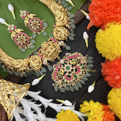 Vriksham Dual Peacock & Lakshmi Style Kundan Jadau Short Neckpiece-Aqua Green Bead-J3990