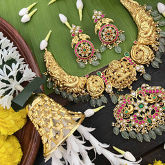 Vriksham Dual Peacock & Lakshmi Style Kundan Jadau Short Neckpiece-Aqua Green Bead-J3990