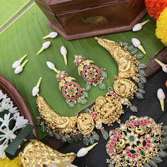 Vriksham Dual Peacock & Lakshmi Style Kundan Jadau Short Neckpiece-Aqua Green Bead-J3990