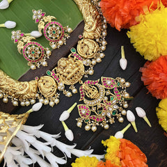 Vriksham Dual Peacock & Lakshmi Style Kundan Jadau Short Neckpiece-Pearls-J3991