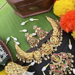 Vriksham Dual Peacock & Lakshmi Style Kundan Jadau Short Neckpiece-Pearls-J3991