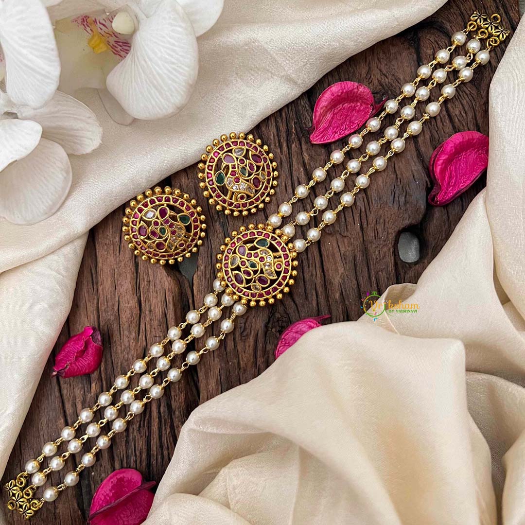 Vriksham Gold look alike Pearl High Neck Choker-Round Peacock-Neckpiece-Red Green & White-G21787