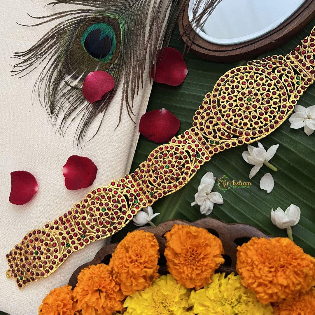 Vriksham Traditional Kemp Waistbelt for Bharatanatyam Star style centerpiece Hipbelt-Red Green-G19686