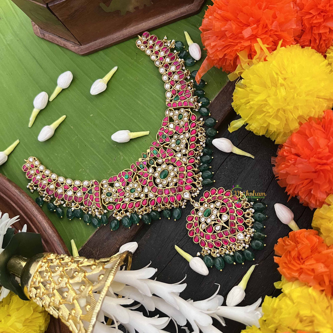 Vriksham Bridal Kemp With Kundan Jadau Green Bead Drops & Pearls Choker Neckpiece-J4003