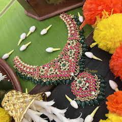 Vriksham Bridal Kemp With Kundan Jadau Green Bead Drops & Pearls Choker Neckpiece-J4003