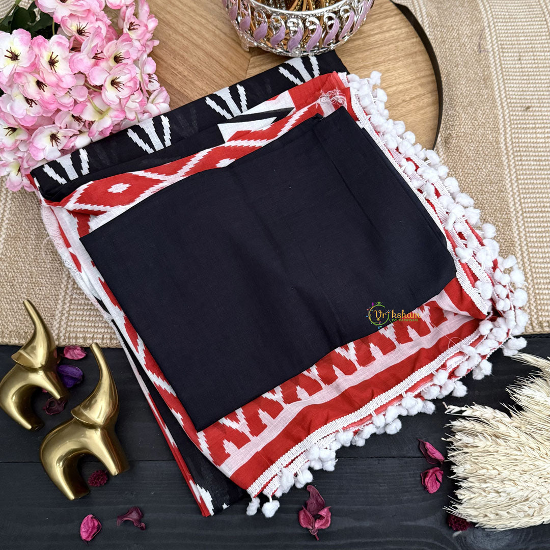 Vriksham Black Cotton Mulmul Saree With Pom Pom Lace-VS4429