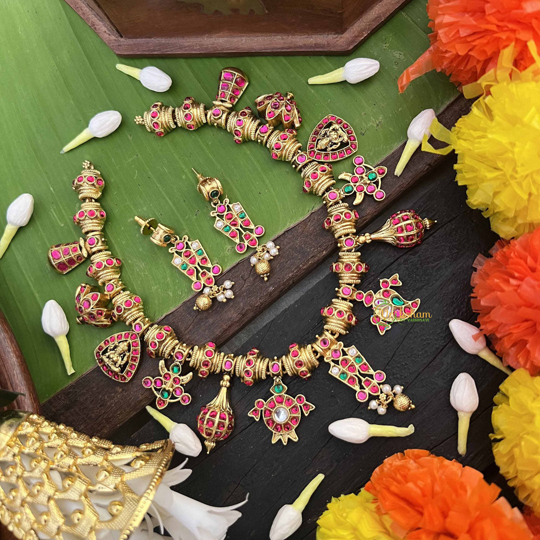 Vriksham Thiruman With Shank Kundan Jadau Gold Bead Drops & Pearls Choker Neckpiece-J4004