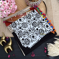 Vriksham Black With Skin Color Cotton Mulmul Saree With Pom Pom Lace-VS4433