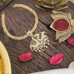 Vriksham Impon Panchaloha Attigai Neckpiece-Green-Stone Bead-G18880