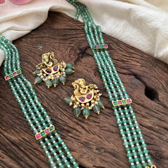 Designer Radha Krishna Pendant Layered Haram-Aqua Green Bead-Red Green-G13393