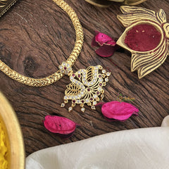 Vriksham Impon Panchaloha Attigai Neckpiece-Red-Stone Bead-G18881