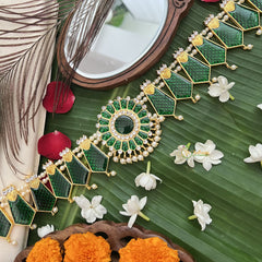 Vriksham Traditional Kemp Floral Pendant-Enamel Style Hipbelt-Green-Pearl-G19697