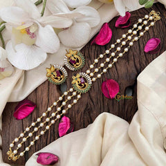 Vriksham Triple-Strand Pearl Choker with Ruby & Emerald Peacock Medallions-Green Left Side-G21806