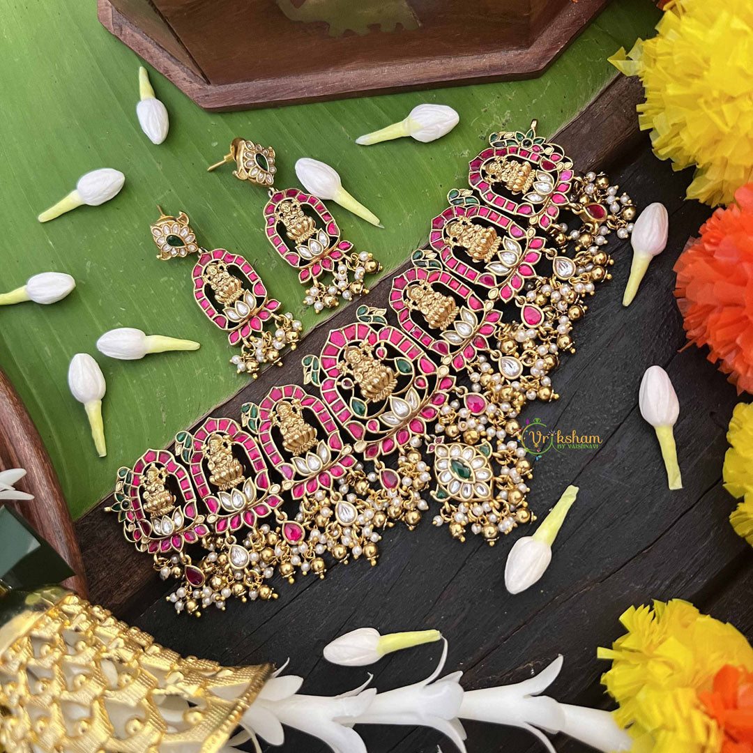 Vriksham  Lotus Lakshmi Mahal Kundan Jadau Gold Bead & Pearls Choker Neckpiece-White Red & Green-J4006