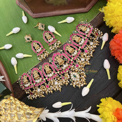 Vriksham  Lotus Lakshmi Mahal Kundan Jadau Gold Bead & Pearls Choker Neckpiece-White Red & Green-J4006