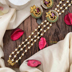 Vriksham Triple-Strand Pearl Choker with Ruby & Emerald Peacock Medallions-Green Left Side-G21806