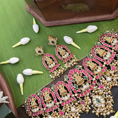 Vriksham  Lotus Lakshmi Mahal Kundan Jadau Gold Bead & Pearls Choker Neckpiece-White Red & Green-J4006