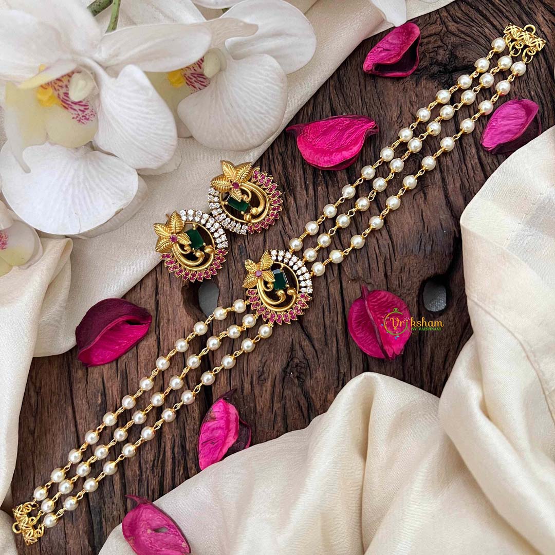 Vriksham Triple-Strand Pearl Choker with Ruby & Emerald Peacock Medallions-Red Left Side-G21807