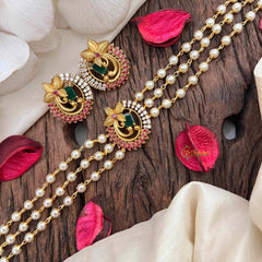 Vriksham Triple-Strand Pearl Choker with Ruby & Emerald Peacock Medallions-Red Left Side-G21807