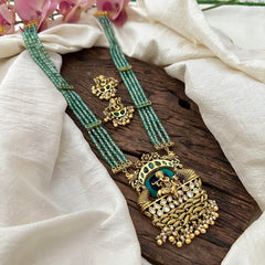 Designer Radha Krishna Pendant Layered Haram-Aqua Green Bead-Green-G13392