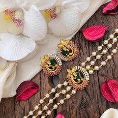 Vriksham Triple-Strand Pearl Choker with Ruby & Emerald Peacock Medallions-Red Left Side-G21807