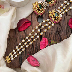 Vriksham Triple-Strand Pearl Choker with Ruby & Emerald Peacock Medallions-Red Left Side-G21807