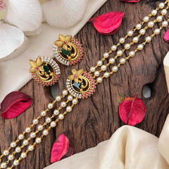 Vriksham Triple-Strand Pearl Choker with Ruby & Emerald Peacock Medallions-Red Right Side-G21808