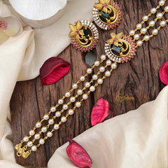 Vriksham Triple-Strand Pearl Choker with Ruby & Emerald Peacock Medallions-Red Right Side-G21808