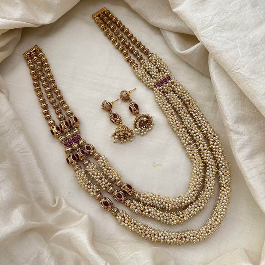 Royal Cluster Pearl 3 Layer Malai with Golden Bead-Red-G13379