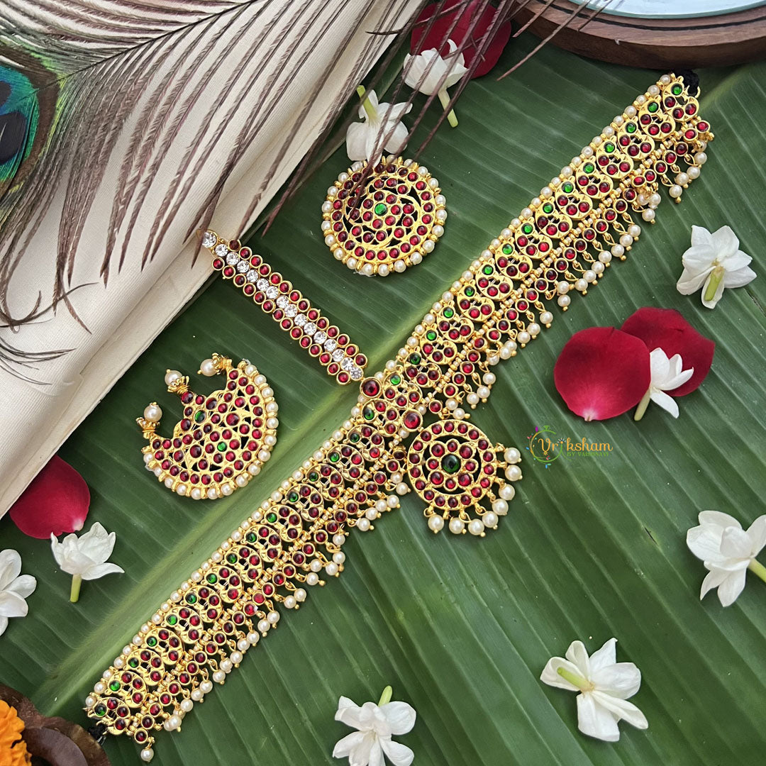 Vriksham Traditional Kemp Tikka With Chandran Suriyan-Red Green & White-Pearl-G19639