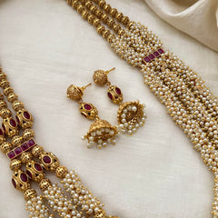 Royal Cluster Pearl 3 Layer Malai with Golden Bead-Red-G13379