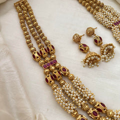 Royal Cluster Pearl 3 Layer Malai with Golden Bead-Red-G13379