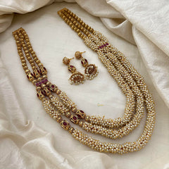 Royal Cluster Pearl 3 Layer Malai with Golden Bead-Red-G13379